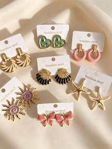 14pcs 7 Pairs Multi-Functional Beach Style Stainless Steel Women's Earrings, Women's Jewelry With Round Shell And Starfish Decoration, Gold Accents, Waterproof And Lightweight, Perfect For Beach, Swimming Pool And Daily Wear, Essential For Summer Music Festivals And Concerts (Random Set) - Multicolor - View 1