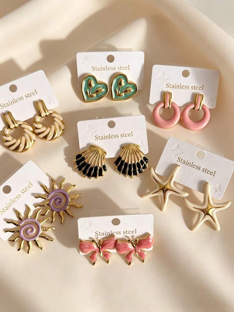 14pcs 7 Pairs Multi-Functional Beach Style Stainless Steel Women's Earrings, Women's Jewelry With Round Shell And Starfish Decoration, Gold Accents, Waterproof And Lightweight, Perfect For Beach, Swimming Pool And Daily Wear, Essential For Summer Music Festivals And Concerts (Random Set) - Multicolor - View 1