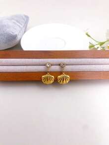 1 Pair Stainless Steel Waterproof Fade-Resistant Single Diamond Stud Shell Pendant Earrings Suitable For Women's Daily Wear - Gold - View 4