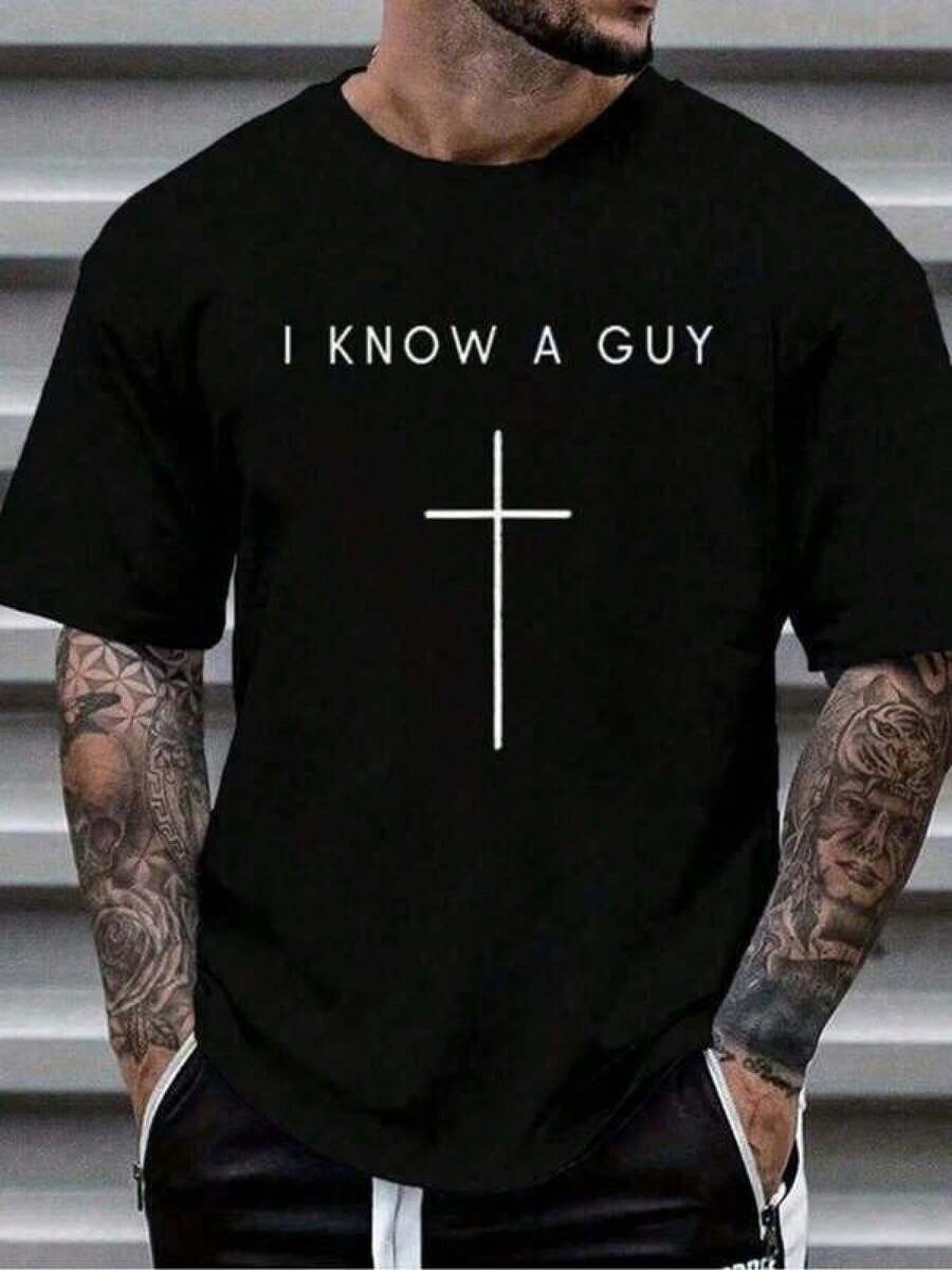 2026 Men's Short-Sleeve Shirt, 1 Piece, Black T-Shirt With Cross-Sleeve Print For Men, Unisex Crew Neck Casual T-Shirt, Men's Clothing Sizes Up To 5XL, Woven - 黑色 - 查看 1