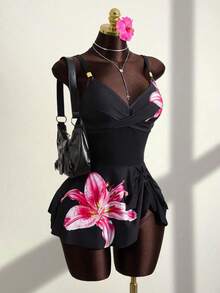 Zestiva Conjunto de 2 piezas de traje de baño con estampado floral, correas ajustables y accesorios de metal, ideal para la playa y vacaciones de pri - Verde - Ver 4