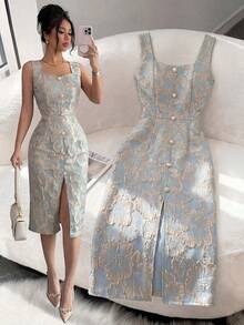 e metal con perlas y diseño de abertura, vestido de estilo francés lujoso adecuado para mujeres de 20 a 35+ años para citas, fiestas, cenas formales y uso en la oficina (estampado aleatorio) - Rosa pálido - Ver 1