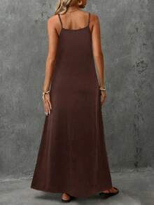 Women's Long Dress 2026, V-Neck, Sleeveless, Solid Color, Simple, Casual And Elegant. - Brown - View 4