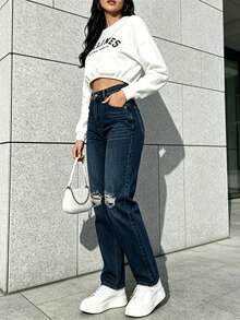 Women's Ripped Straight Jeans - Dark Blue - View 4