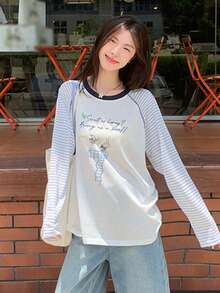 Women's Slogan Striped Long Sleeve Crew Neck Casual T-Shirt - Blue - View 4