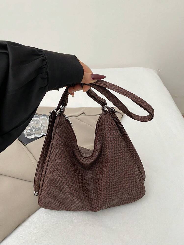 Solid Color Vintage Casual Large Capacity Foldable Shoulder Bag, Lightweight Student Shopping Street Bag - Coffee - View 7