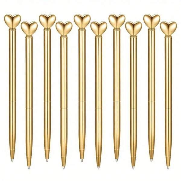 3pcs/6pcs Heart-Shaped Ballpoint Pens, Gold Metal Rotating Retractable Bullet-Tip 1.0mm Black Ink Writing Stationery