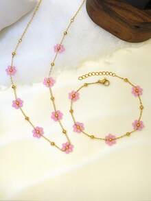 2pcs Stainless Steel Pink Flower Necklace & Bracelet Set, Ideal Gift For Women, Mother's Day, Birthday, Party, Wedding, Vacation, Back To School - Multicolor - View 4