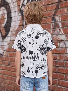 1pc Young Boy Black & White Splatter Short Sleeve Polo Collar Graffiti Crown & Letter Print T-Shirt, Cool Boys Shirt, Summer Kids Casual Polo Shirt, Suitable For Local Children's July 4th Shirt, 5 Years Old Boys Clothing, Clothing, Kindergarten Shirt - White - View 6
