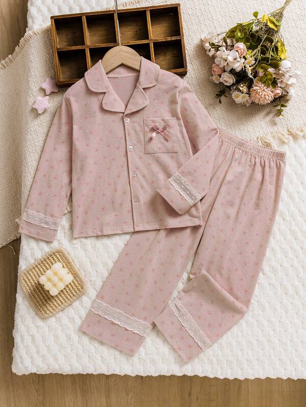 4-7 Years Old Girls Comfortable & Breathable Floral Print Polo Collar Long Sleeve Button Design Top And Straight Leg Pants 2 Piece Set, Suitable For Casual Daily Wear