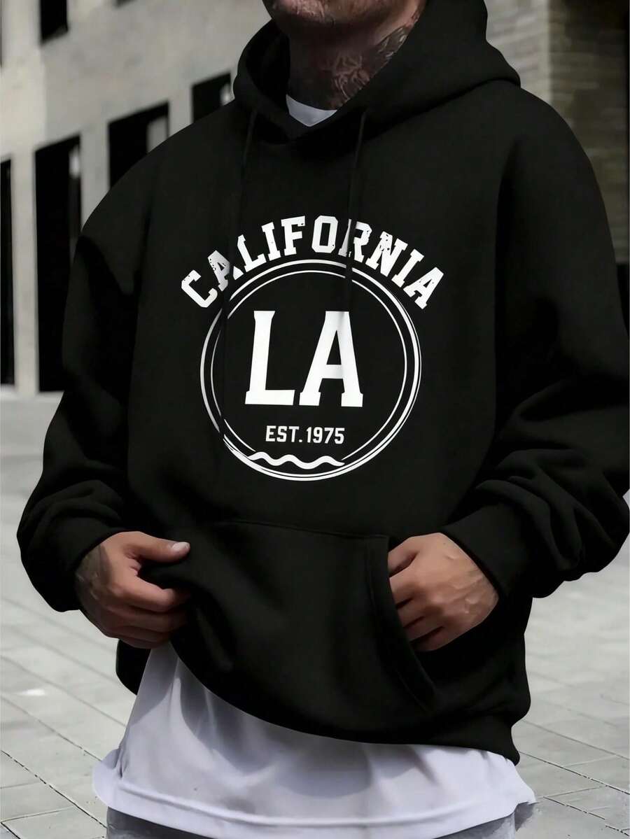 Men's Long-Sleeved Hoodie With Thermal Lining, Featuring A Print Of Forest Camping Elements And Outdoor Landscapes, Autumn/Winter - 米色 - 查看 1