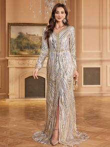 Women's V-Neck Long Sleeve Zebra Stripe Sequin Elegant Party Dress With Detachable Belt Wedding Fall - Beige - View 5