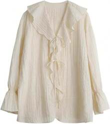 Blusa suelta con cuello en V y cordones para mujer, longitud media con volantes - Albaricoque - Ver 9