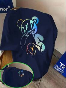 Street Style Printed T-Shirt With Gradient Color Cool Bear Pattern And Creative Graffiti Design, Perfect For Daily Wear To Showcase Personality - 白色 - 查看 8