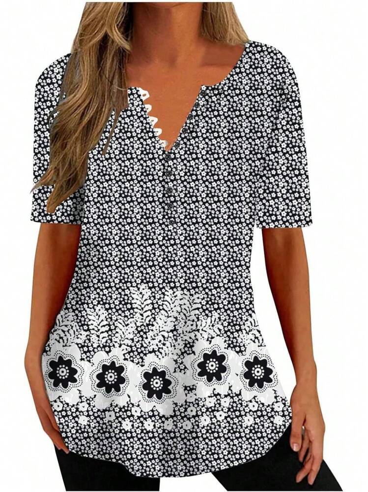 Ceboyel - Camisas Henley con estampado floral para mujer, cuello en V, sexy, casual, de manga corta, blusas elegantes para mujer - N01-negro - Añade 14