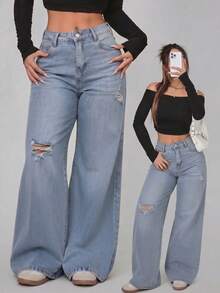 Straight Leg Jeans In Washed Blue Denim With Rips - tozlu mavi - Görünüm 1