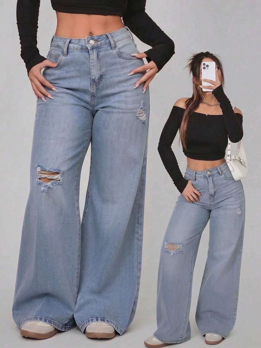 Straight Leg Jeans In Washed Blue Denim With Rips - tozlu mavi - Görünüm 1