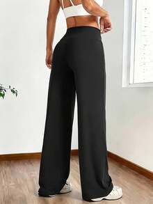 Women's Elegant Black Wide Leg Pants, High Waist Polyester Medium Stretch Trousers, Fashionable Versatile, Suitable For Daily Wear - Black - View 9
