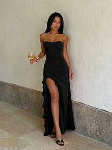 Elegant Sleeveless Cami Long Dress For Women, Knitted Fabric Asymmetrical Ruffle Slit Party Gown, Sexy Bodycon Formal Dress Summer Dress Black - Black - View 6