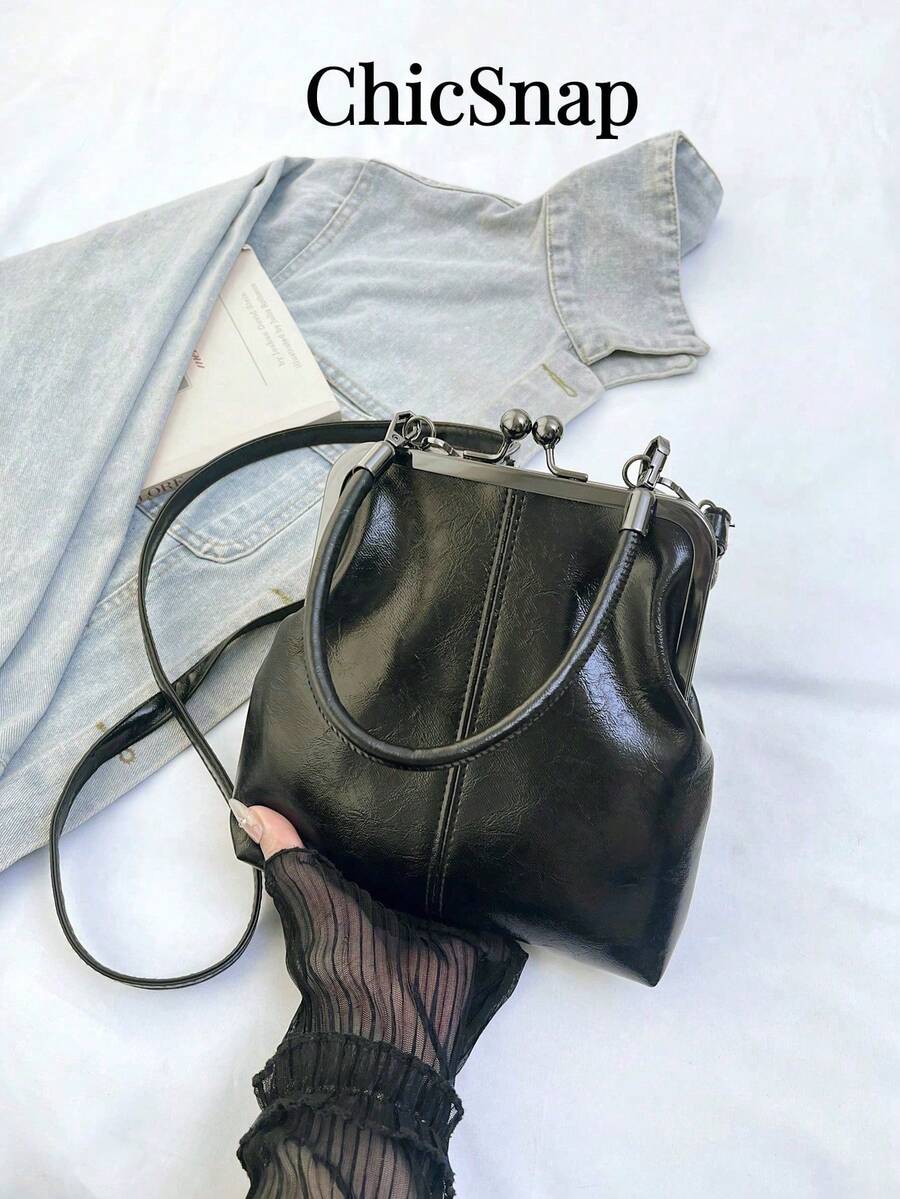 Women's PU Leather Crossbody Bag With Round Polka Dots, Vintage Style Handbag With Buckle Closure And Adjustable Shoulder Strap, Solid Color And Lightweight City Tote Bag - 黑色 - 查看 1