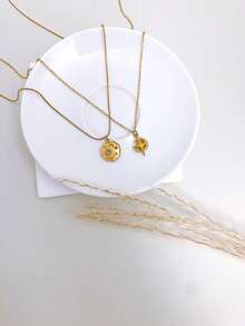 Stainless Steel Waterproof Fade-Resistant Vintage Cute Small Sun Moon Star Pattern Pendant Necklace Suitable For Women's Daily Wear - Gold - View 10