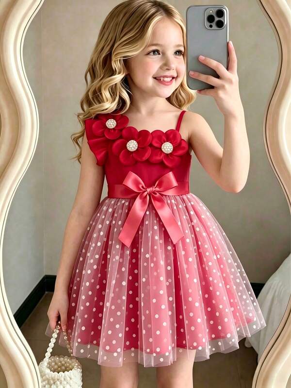 Girls' 3D Flower Decor Asymmetric Shoulder Dress With Spaghetti Straps, Asymmetrical Frill Trim, Pearl Design, Mesh & Polka Dot Patchwork Skirt, Sweet Princess Style