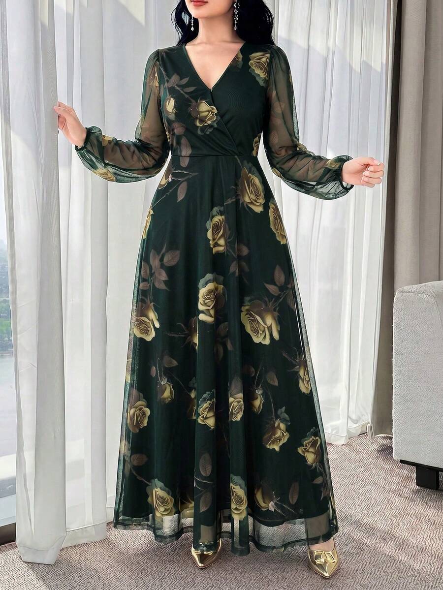 Nuevo vestido elegante y encantador de cintura ceñida de alta gama con flores de rosa para mujeres
