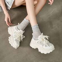 35-40 Size Rhinestone Decorated Mesh Thick Sole Solid Color Sports Lace-Up Commuter Chunky Sneakers Outdoor All Season Rhinestone Height Increasing - White - View 11