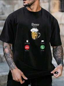 Camiseta divertida de entrenamiento para cerveza con cuello redondo, manga corta, tejido de punto de poliéster, elasticidad media, estampado animal, top cómodo para todas las estaciones. - Negro - Ver 1