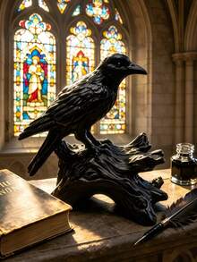 1pc Black Crow Statue Gothic Crow Figurine, Resin Material Black Bird Sculpture With Tree Stump Base, Realistic Carved Feather Details, Dark Aesthetic Witch Theme Home Decor, Suitable For Desk, Mantel, Fireplace Shelf Decoration, Unique Gift, Collectible - 1 Wooden Stake Crow - View 1