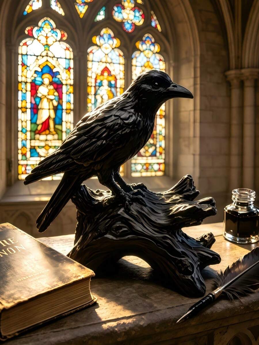 1pc Black Crow Statue Gothic Crow Figurine, Resin Material Black Bird Sculpture With Tree Stump Base, Realistic Carved Feather Details, Dark Aesthetic Witch Theme Home Decor, Suitable For Desk, Mantel, Fireplace Shelf Decoration, Unique Gift, Collectible - 1 Wooden Stake Crow - View 1