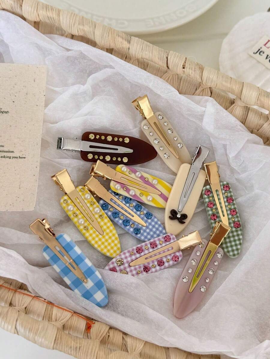 1PC/10PCS Casual Acetate Premium Bow Seamless Plaid Alligator Hair Clip Hair Accessory - Multicolor - View 1