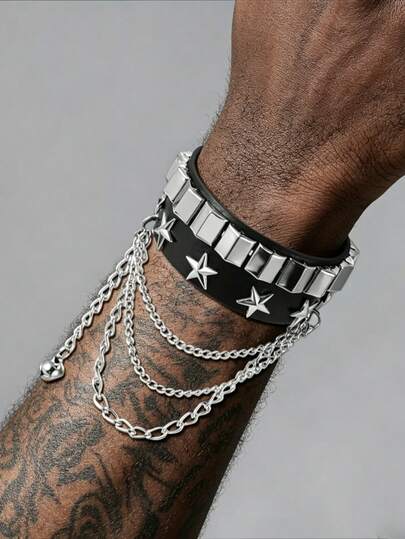 1pc European And American Fashion Punk PU Leather Pentagram Rivet Bracelet Chain Bell Bracelet Jewelry