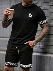 Men's Black Geometric Jacquard Wide Leg Pants, Drawstring Waist Casual Street Style Long Pants Sports - Black - View 4