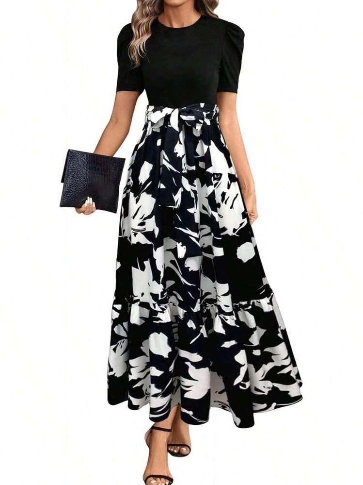 Vestidos Florales Largos para Mujeres 2025 Elegante Boho Bed Work Imperire Cinta Manga Corta Modesta Flujo Maxi Vestido - 2-azul - Añade 1