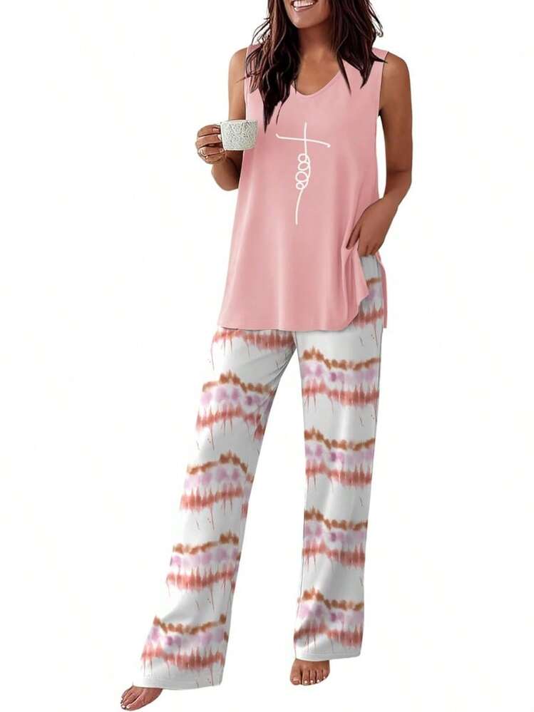 - Conjunto de pijama para mujer, sin mangas, cómodo conjunto de playera sin mangas y pantalones con cuello en V, 2 piezas, S-XXL - Raya gris - Añade 10