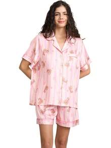 YiNi LuLu - Conjunto de pijama de satén de seda para mujer, 2 piezas, pijama de manga corta, de gran tamaño, con bolsillos - frasco de perfume - Ver 11
