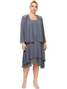 S.L. Fashions Vestido de Chaqueta escalonada Adornado de Talla Grande para Mujer - Higo - Ver 8