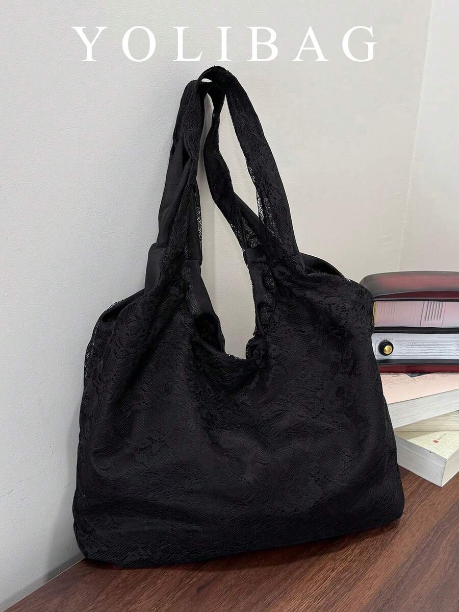 夏季黑色蕾絲女款手提包，大容量休閒女用托特包，適合約會、度假、通勤單肩包