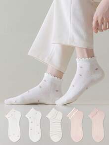 ZUJO 5 Pairs Women's Pink & White Short Socks, Floral & Striped Pattern, Suitable For Year-Round Wear, Simple & Comfortable, Random Color - Multicolor - View 7