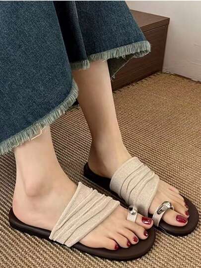 Fashion Ladies Ruched Strap Slide Sandals, Metal Decor Toe Ring Flat Slip On Slippers, Comfort Casual Summer Outdoor Beach Daily Sandals