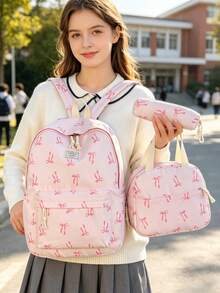 3pcs Fashionable College Style Bow Print Backpack Set, Including Backpack, Lunch Bag And Pencil Case, With Laptop Compartment, Adjustable Shoulder Straps And Multiple Pockets, Large Capacity Student Backpack Set, Multi-Functional Daypack Set, Suitable For Girls/College Students/Graduate Students Daily Use/Vacation/Travel/Back To School - Multicolor - View 7