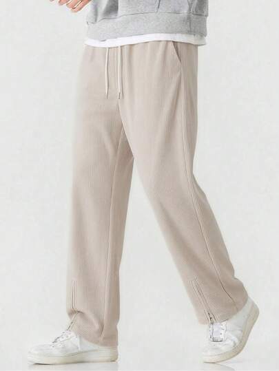 Men's Spring/Autumn Corduroy Zipper Split Wide Leg Pants, Solid Color Versatile Fashion Minimalist Casual Sports Long Trousers