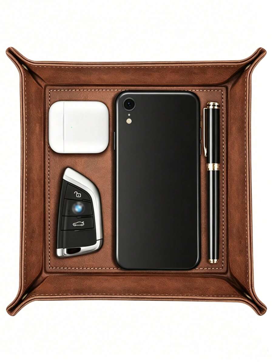 1pc Foldable Leather Desktop Storage Tray - PU Jewelry Box And Key, Remote Control, Ring, Earring Organizer | Fashionable Storage Box For Small Items, Accessories And Home Decor