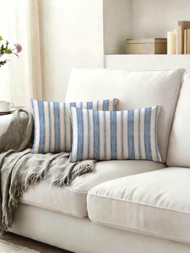 2pcs, Blue And White Striped, Minimalist Line Pillowcase, Zipper Closure, Machine Washable, All Season Decorative Pillowcase, Home Decor, Sofa Cushion Cover, Suitable For Bedroom, Living Room, Sofa, Car, Chair Cushion (No Pillow Insert) - Seaside Relaxed Blue - View 5