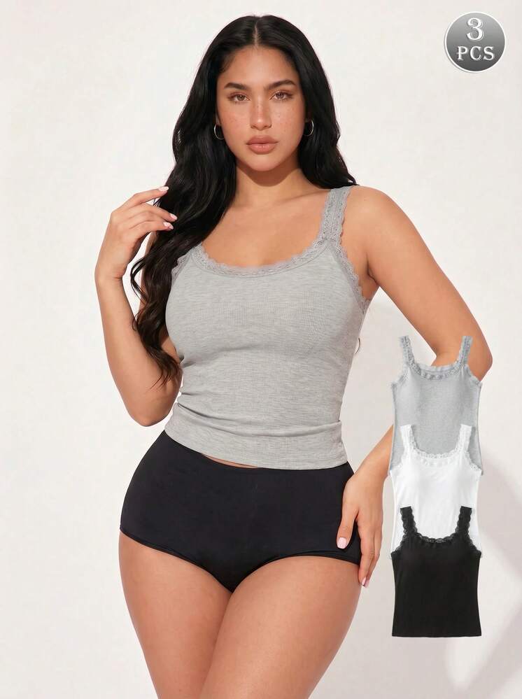3 piezas Camisetas sin mangas de unicolor con adorno de encaje en cuello redondo para mujer - Multicolor - Añade 1