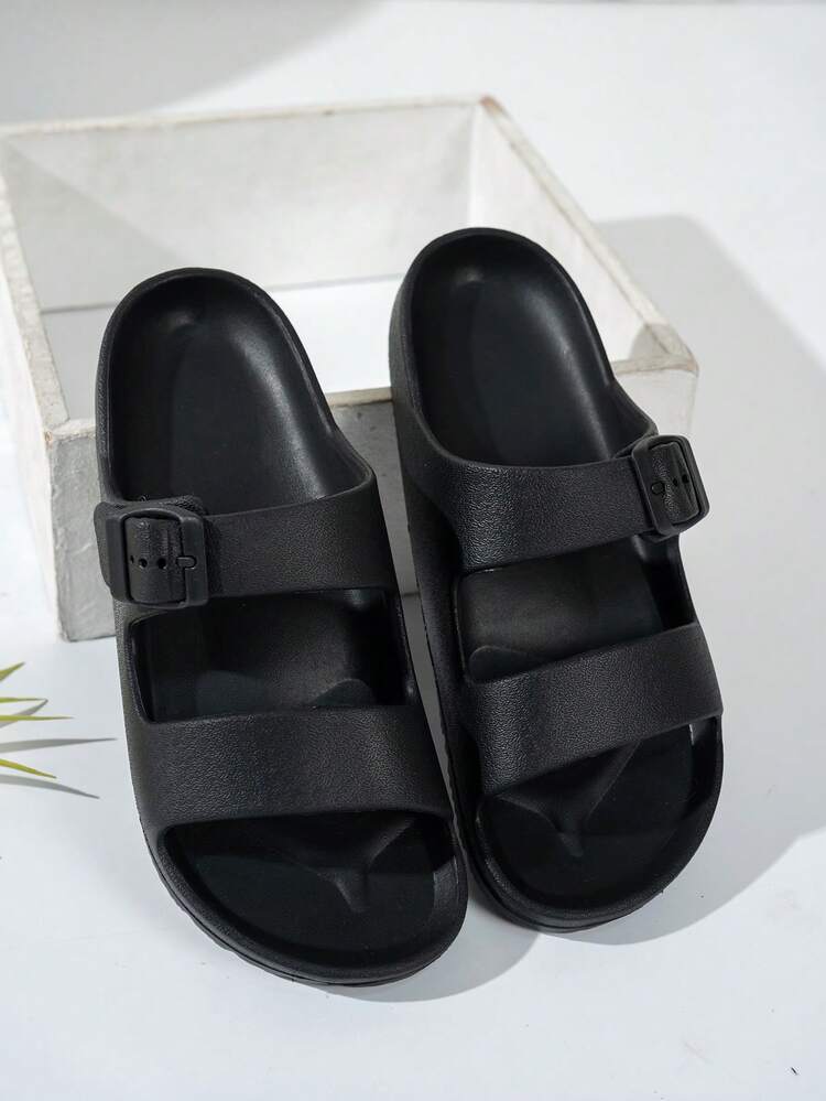 Teenager Summer Solid Color Casual Fashion Comfortable Soft Sole Slippers, Double Adjustable Buckle Design, Beach Bathroom Pool Open Toe Flat Sandals - Black - View 5