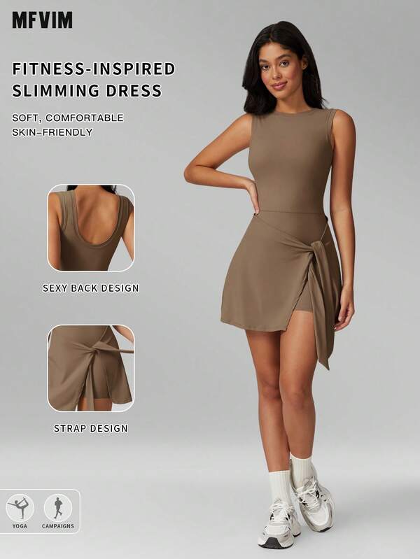 MFVIM Women Fake Two-Piece Tennis Dress, Lace-Up Cutout Back, Anti-Chafing Slim Skort, Easy Care For Yoga, Running, Cycling & Gym Workout