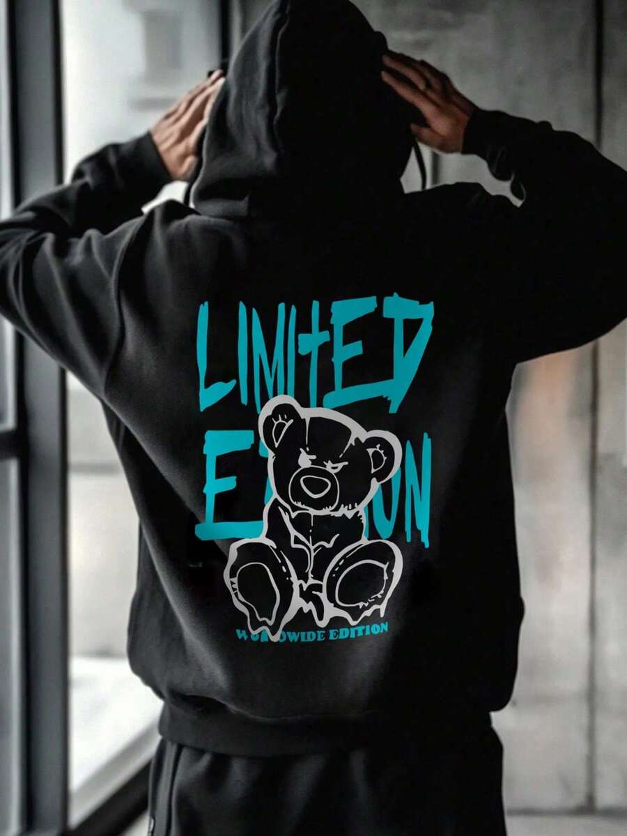 Men's Casual And Versatile Sweatshirt With Letter Print, Cartoon Bear, Kangaroo Pocket, Drawstring, For Autumn/Winter - Hitam - View 1