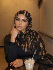 1 pièce - Écharpe hijab courte à teinture tie-dye - Foulard léger vintage pour femmes, parfait pour les vacances, la plage & la photographie de voyage - brunâtre noir - Voir 2